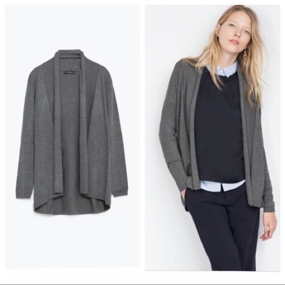 Zara Knit Grey Draped Neck Open Cardigan - Picture 3 of 10